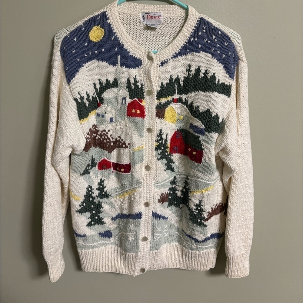 Vintage Orvis 3D Cardigan 90s Embroidered Snowy Town Village Sweater Size Medium